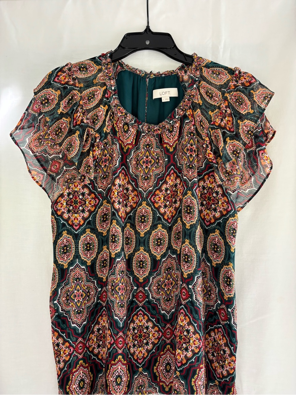 LOFT forest green Paisley Medallion Flutter-Sleeve Blouse